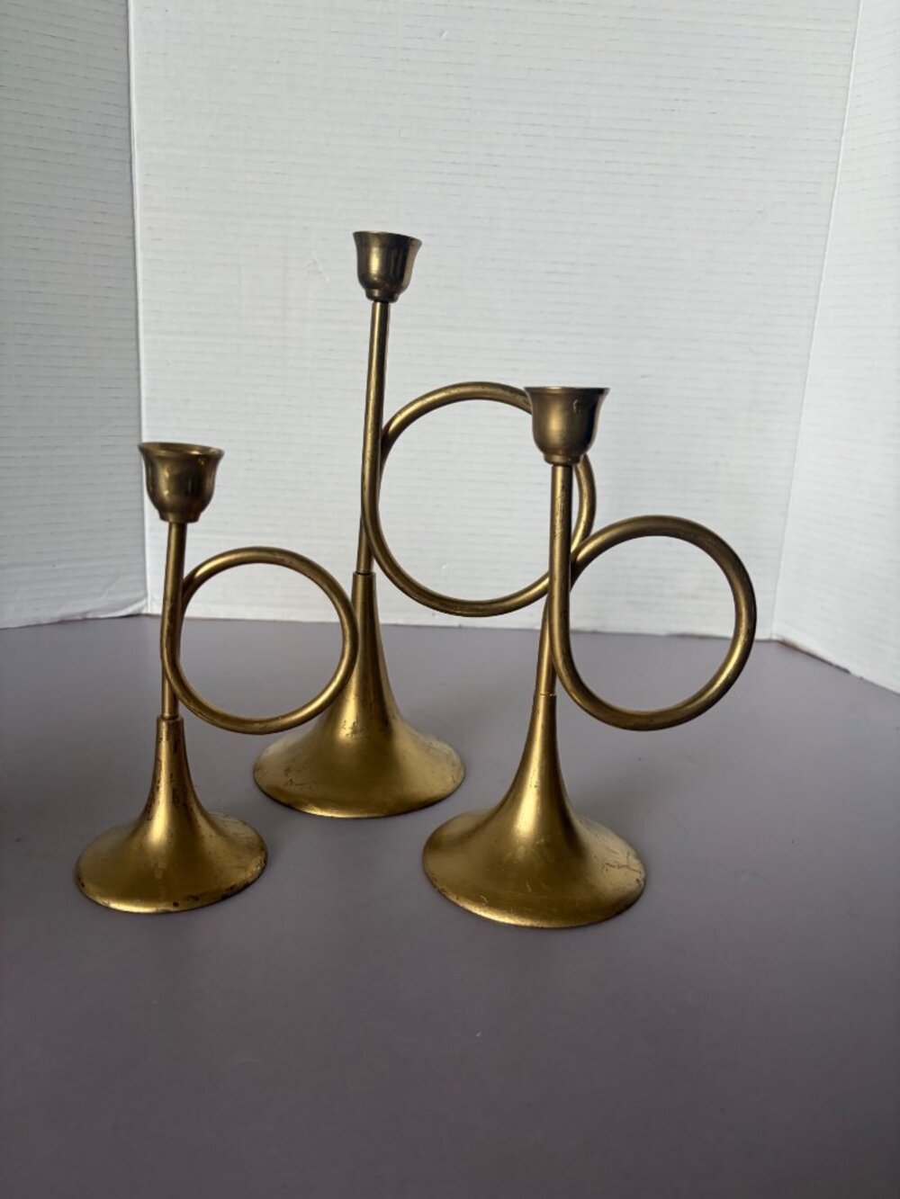 Vintage Brass French Horn Style Candlestick Holders Set Of 3